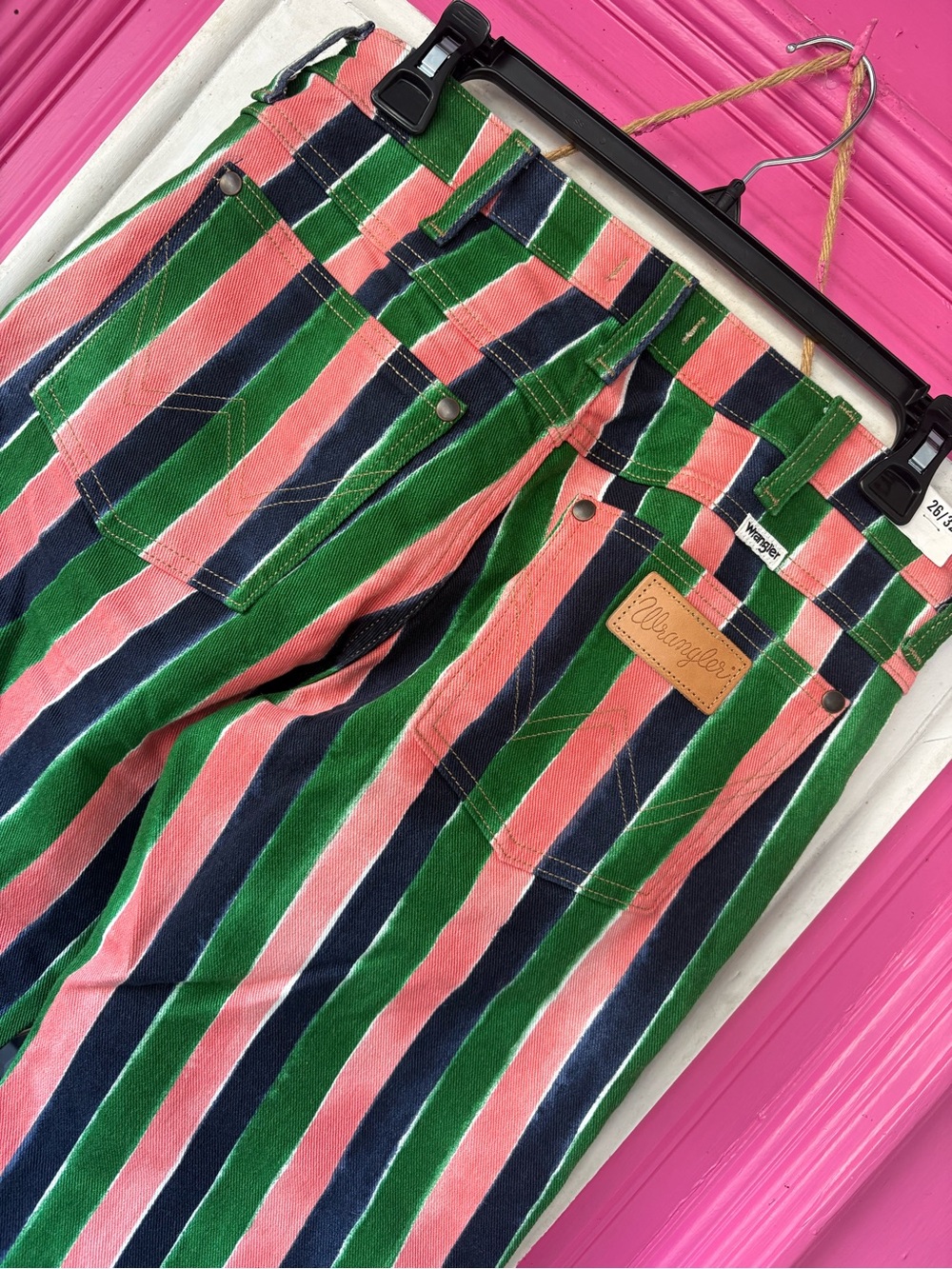 Wrangler Wanderer Striped Flare Pants in Green, Pink & Navy - Picture 3 of 14